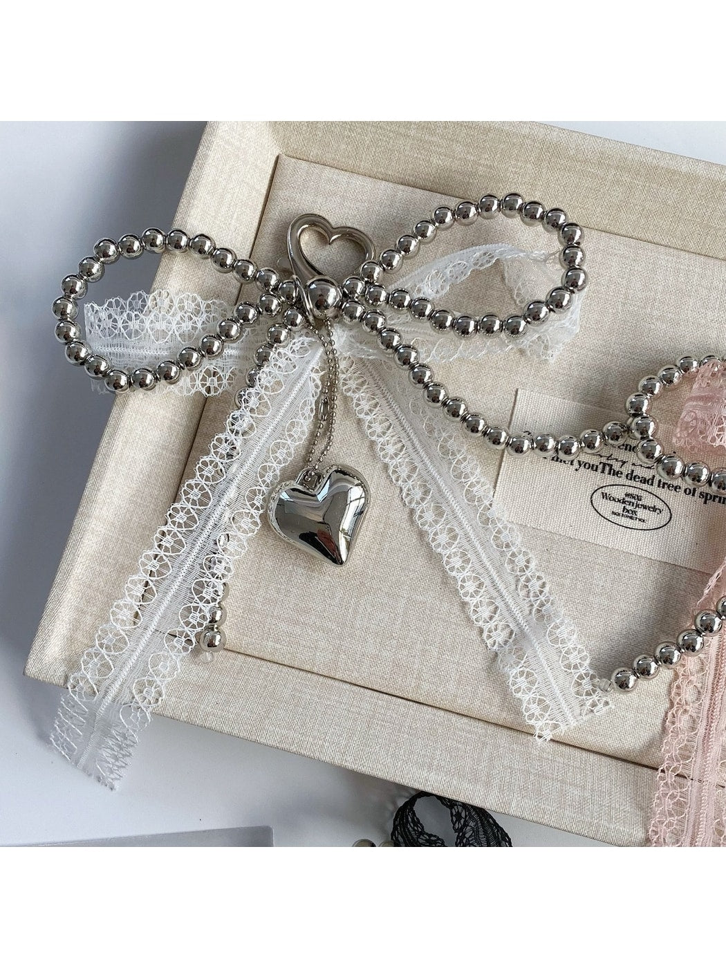 Keypus - Lace Bow Heart Pendant Bag Charm Keychain