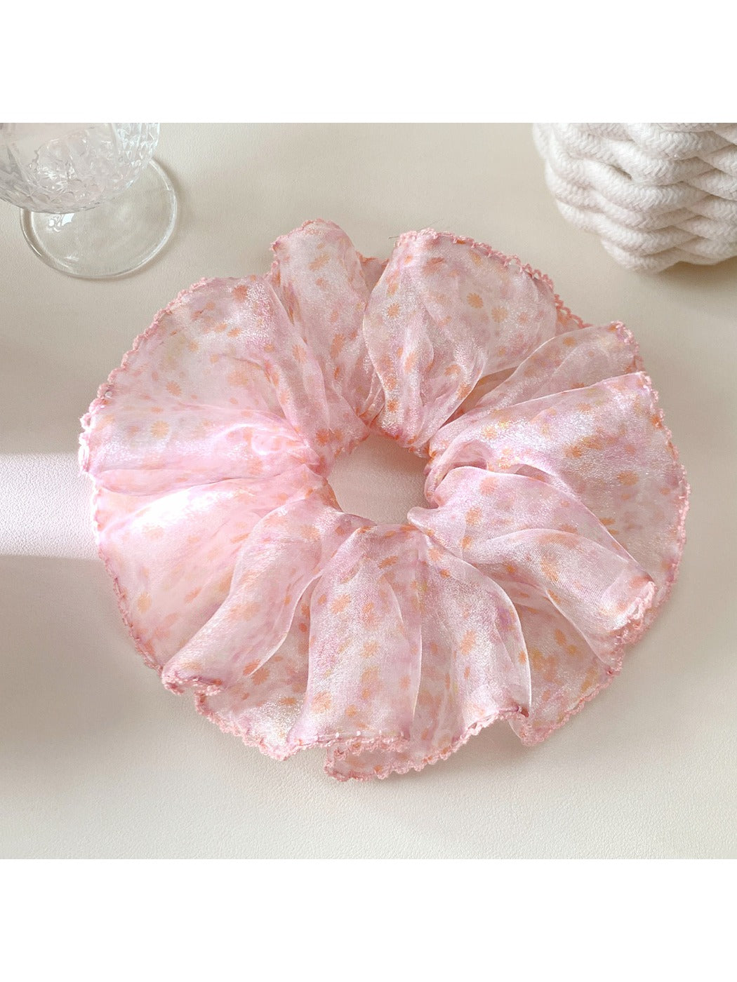 Gifty scrunchie in soft pastel colors with vintage floral pattern