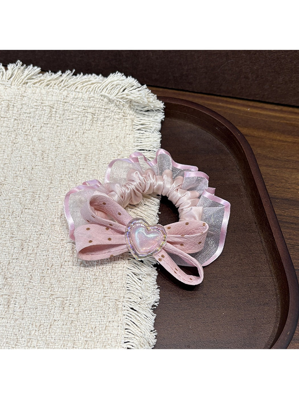 Gifty - Sweet Polka Dot Bow Heart Design Hair Scrunchie