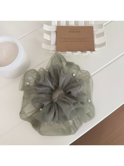 Gifty - Mesh Ruffle Beaded Detail Hair Scrunchie