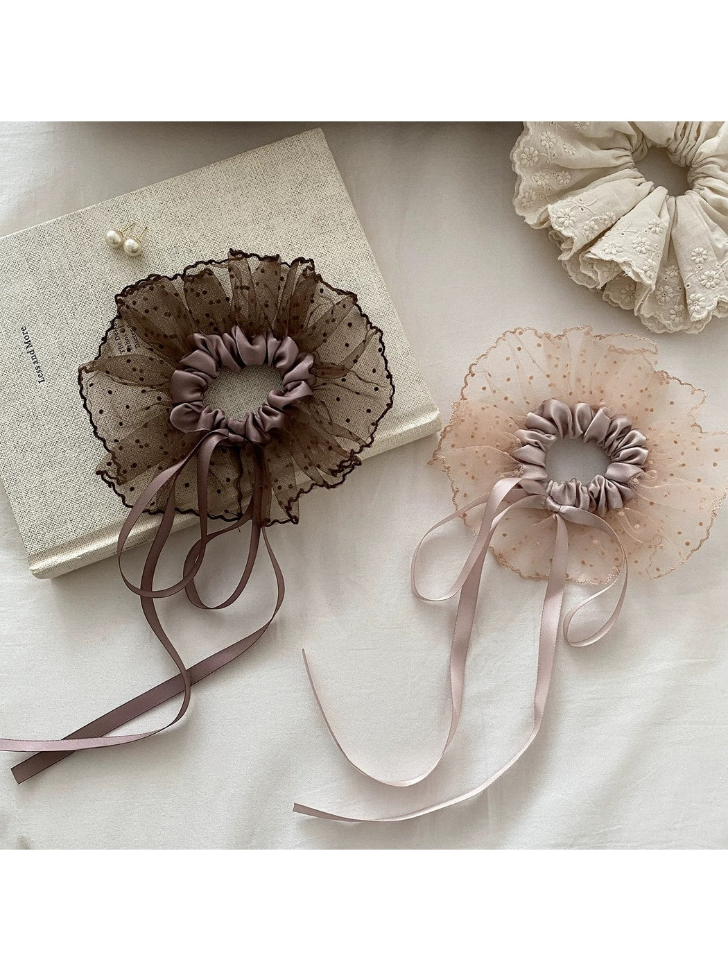 Gifty - Polka Dot Bow Ribbon Mesh Look Scrunchie