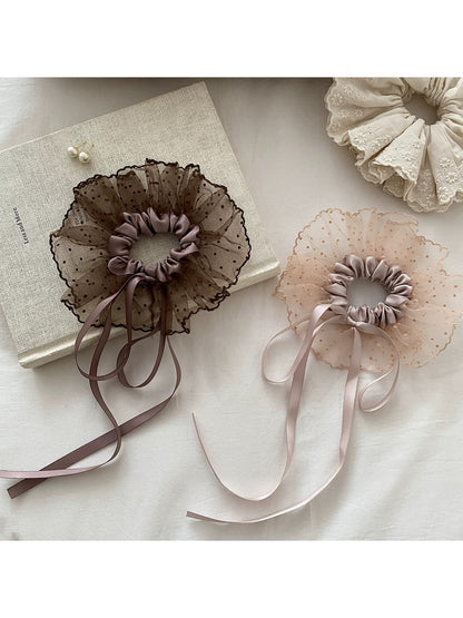 Gifty - Polka Dot Bow Ribbon Mesh Look Scrunchie
