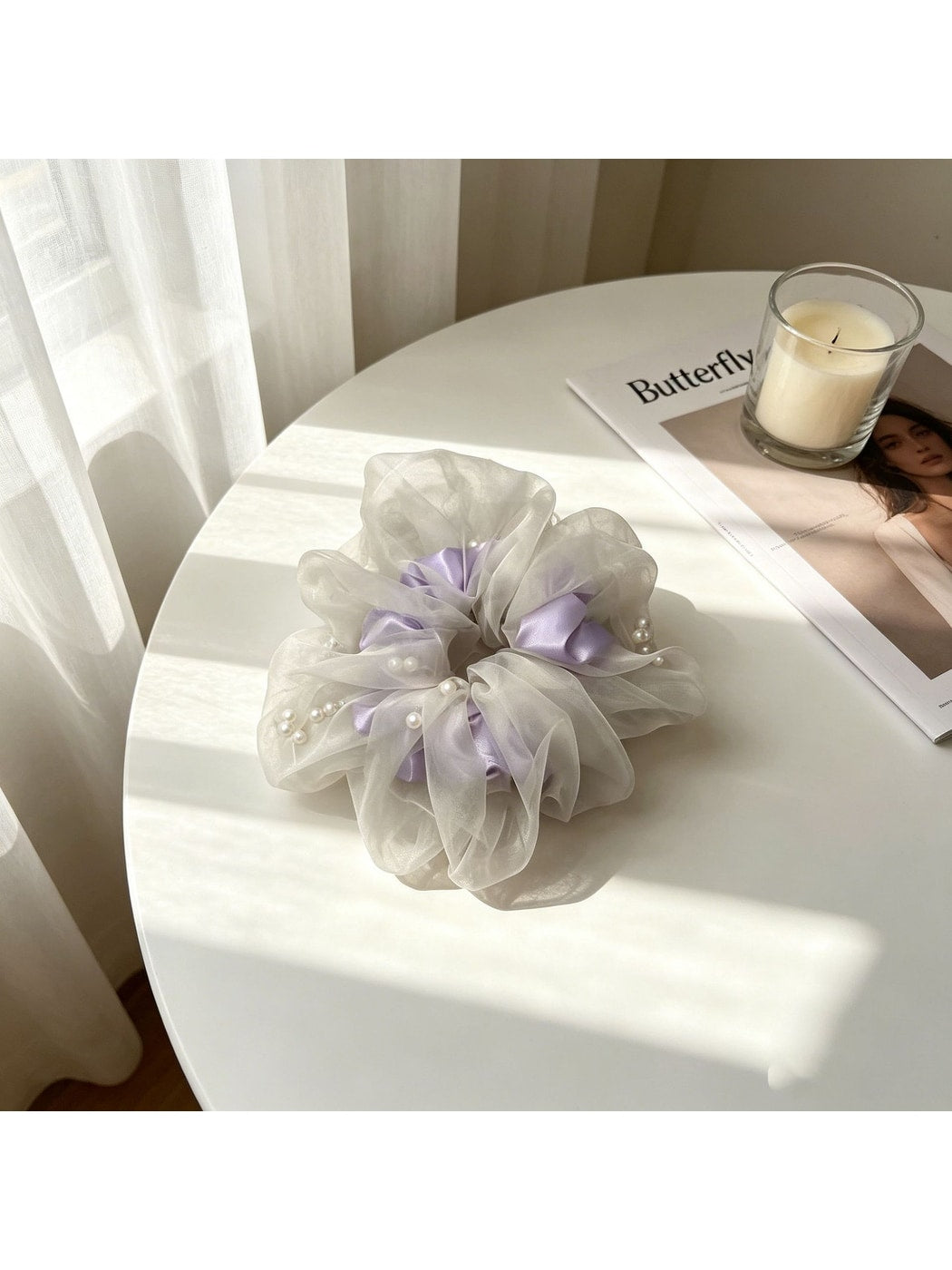 Gifty - Sheer Ruffle Beaded Polyester Scrunchie