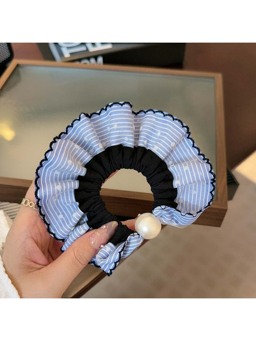 Gifty - Blue Plaid Polka Dot Fabric Scrunchie