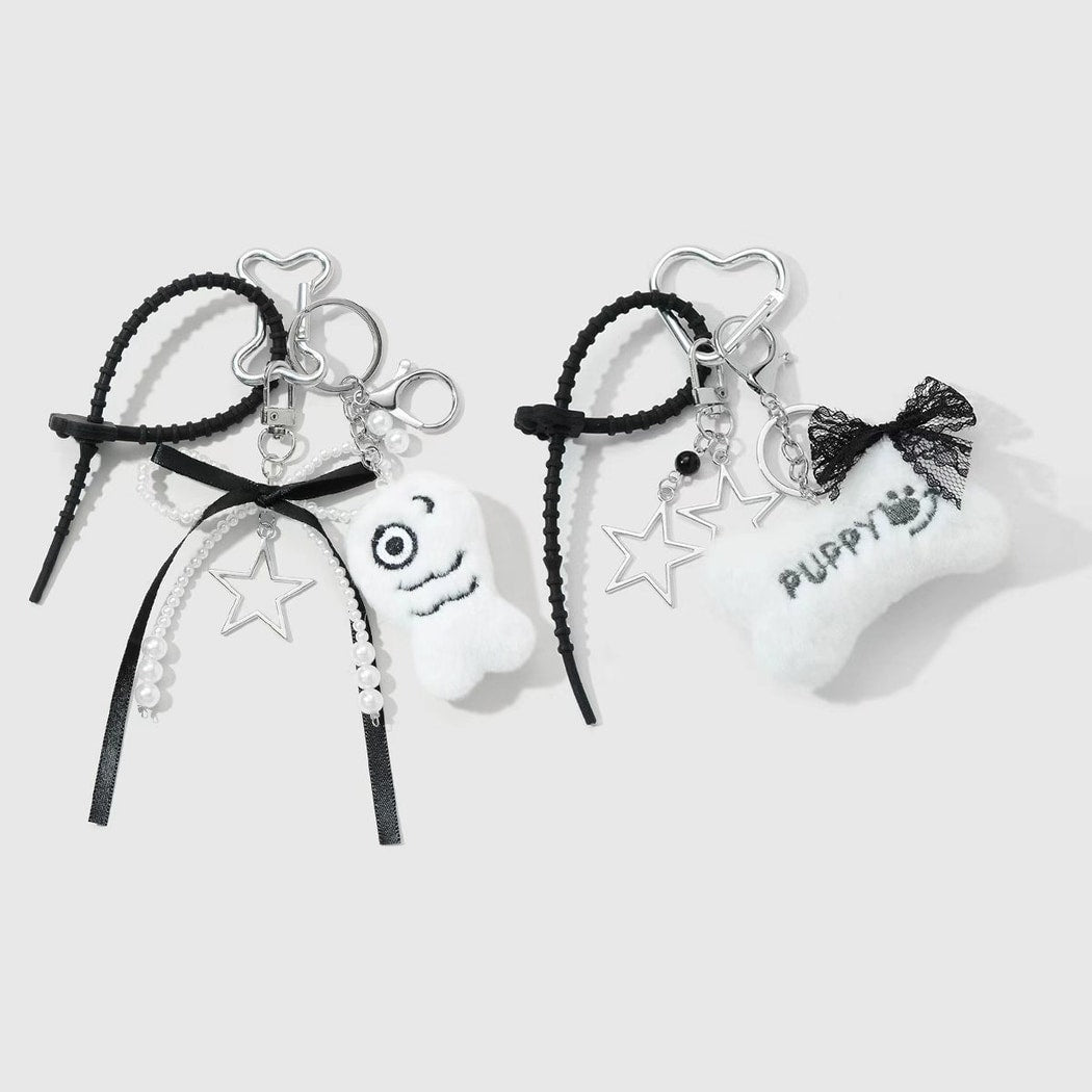 Keypus - Lace Bow Plush Bone Shape Keychain