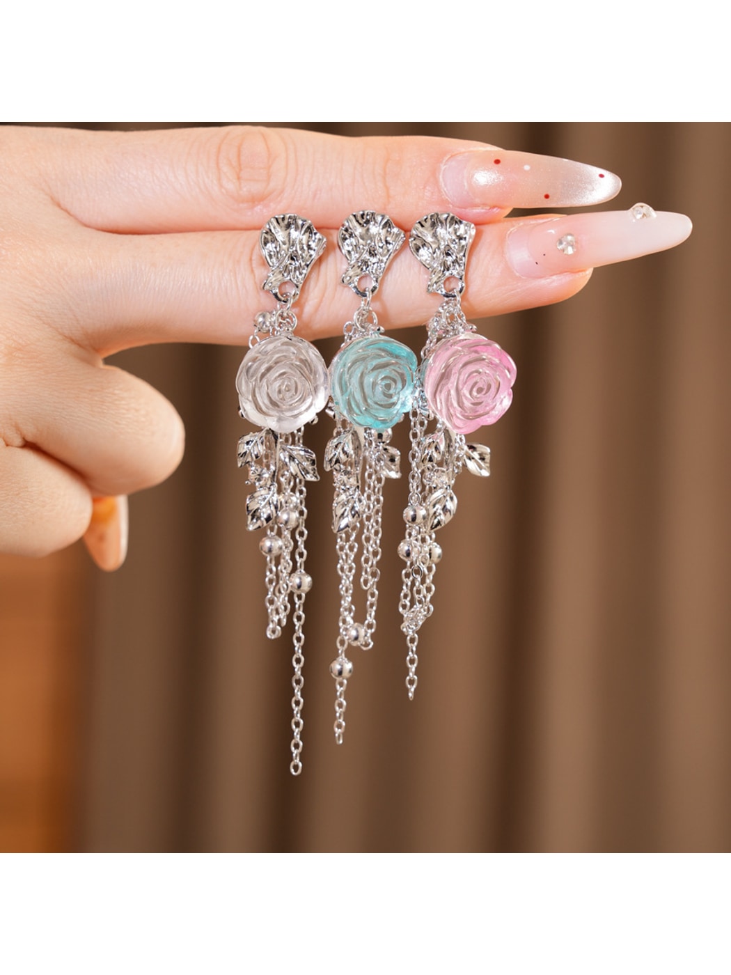 Earedge - Alloy Floral Tassel Dangle Stud Earrings