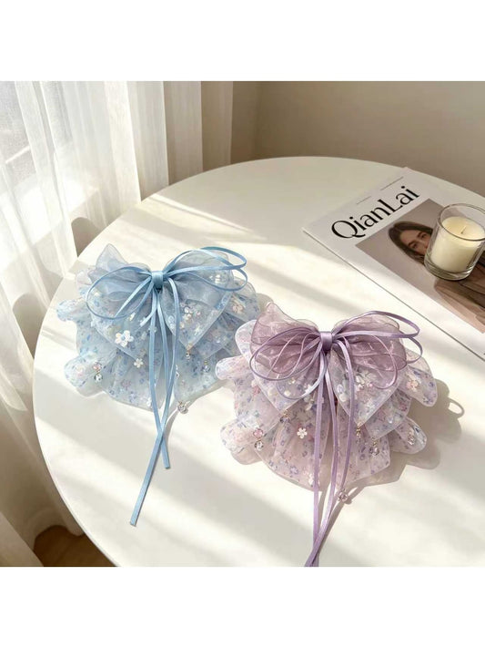 Beau - Floral Bow Ruffle Fabric Surface Claw Clip
