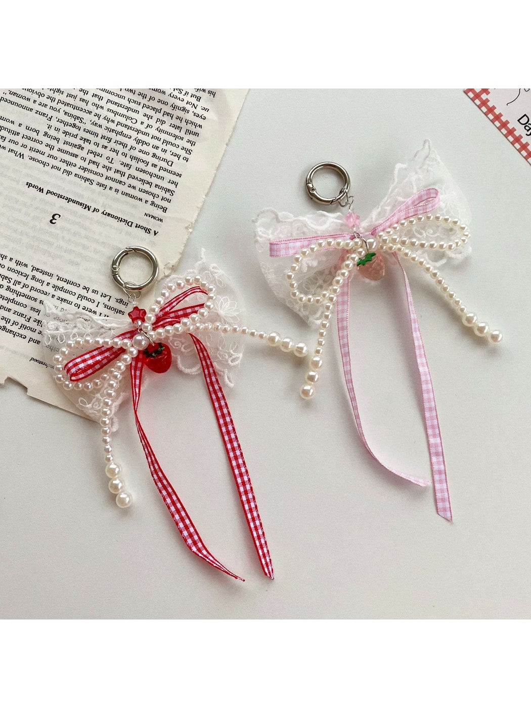Keypus - Plaid Lace Beaded Bow Bag Charm Keychain