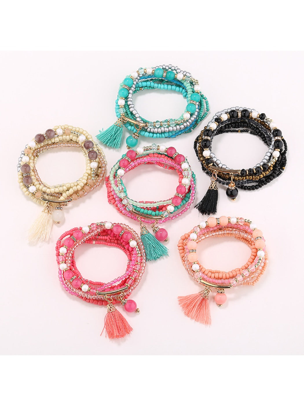 Close-up of Lovra stylish multi-row beaded bracelet with colorful beads on wrist