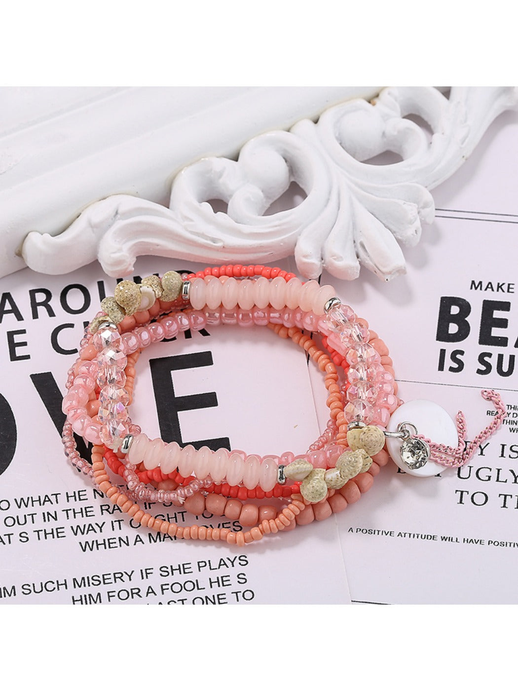Side view of Lovra multi-row beaded bracelet highlighting bead texture and colors