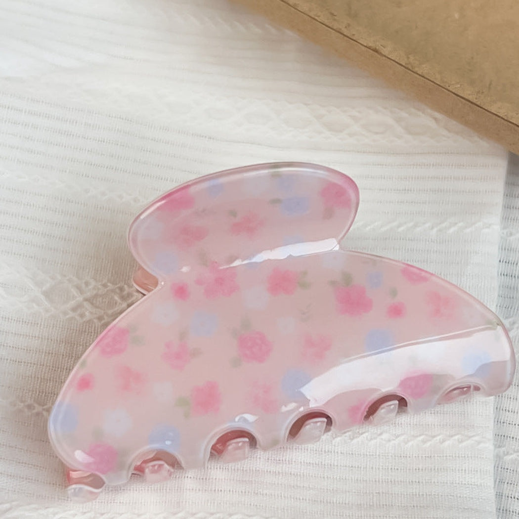 Pink floral hair claw clip, front view
