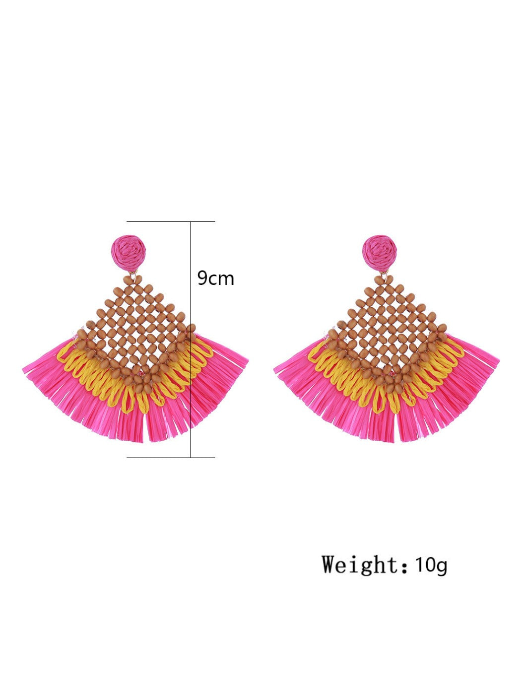 Side view of vintage square raffia drop earrings showing gold-tone hooks and woven raffia