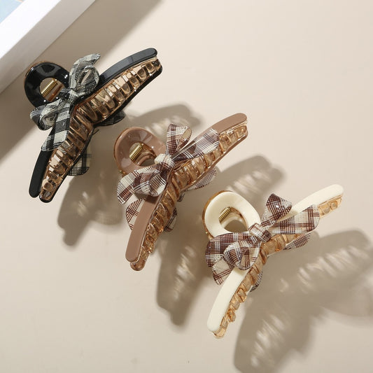 Beau - Plaid Bow Accent Acetate Hair Claw Clip