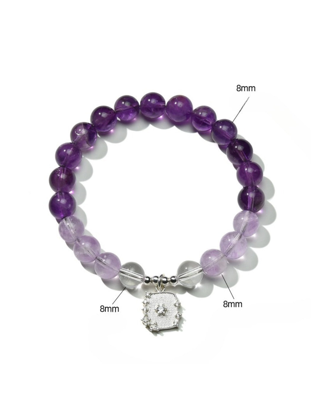 Lovra color block bracelet with purple crystal beads and silver accents on a white background