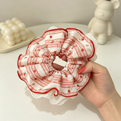 Gifty - Red Plaid Floral Lace Trim Fabric Scrunchie
