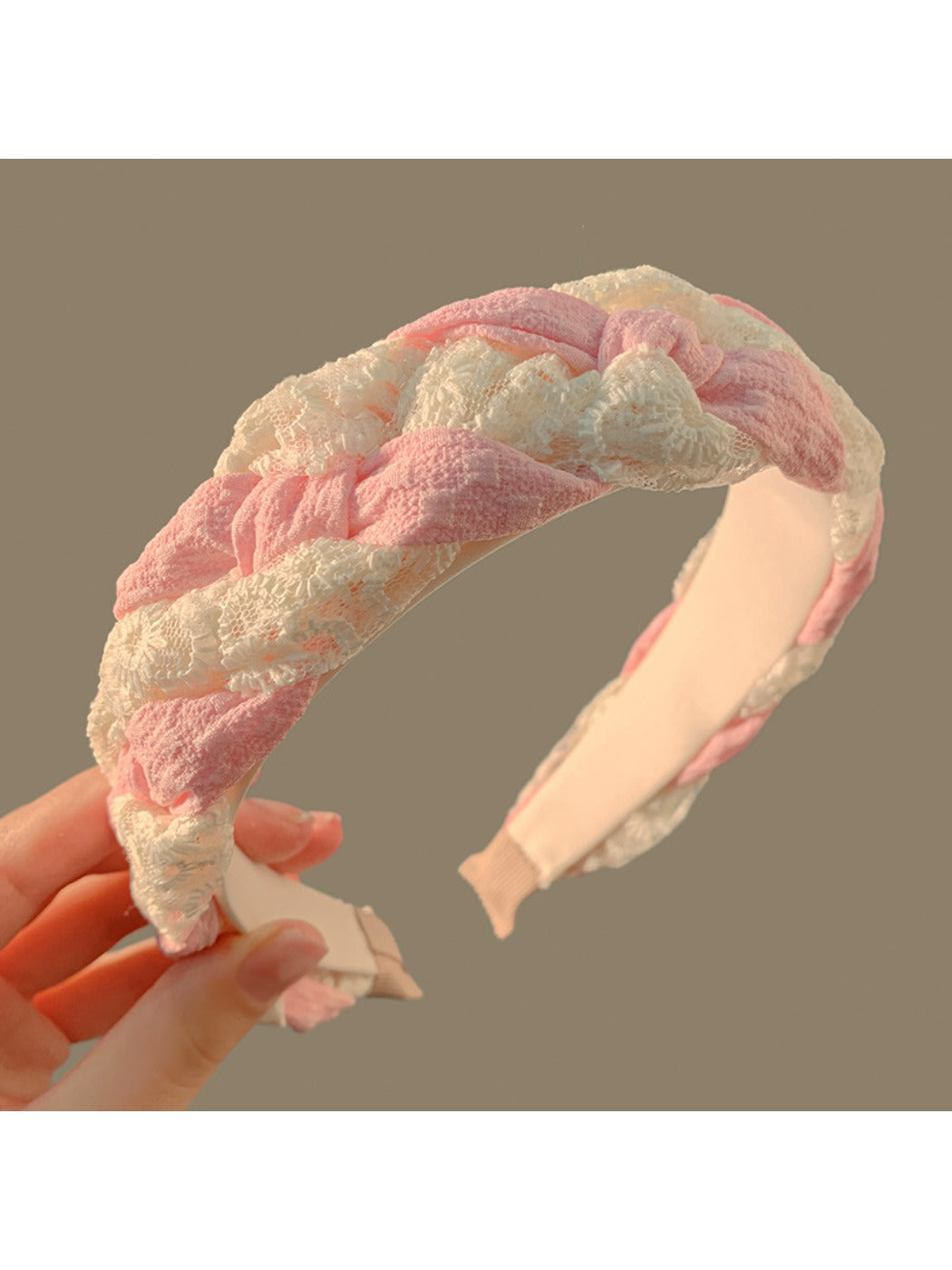 Side view of Gifty Happy Lace headband highlighting its flexible band and lace detail