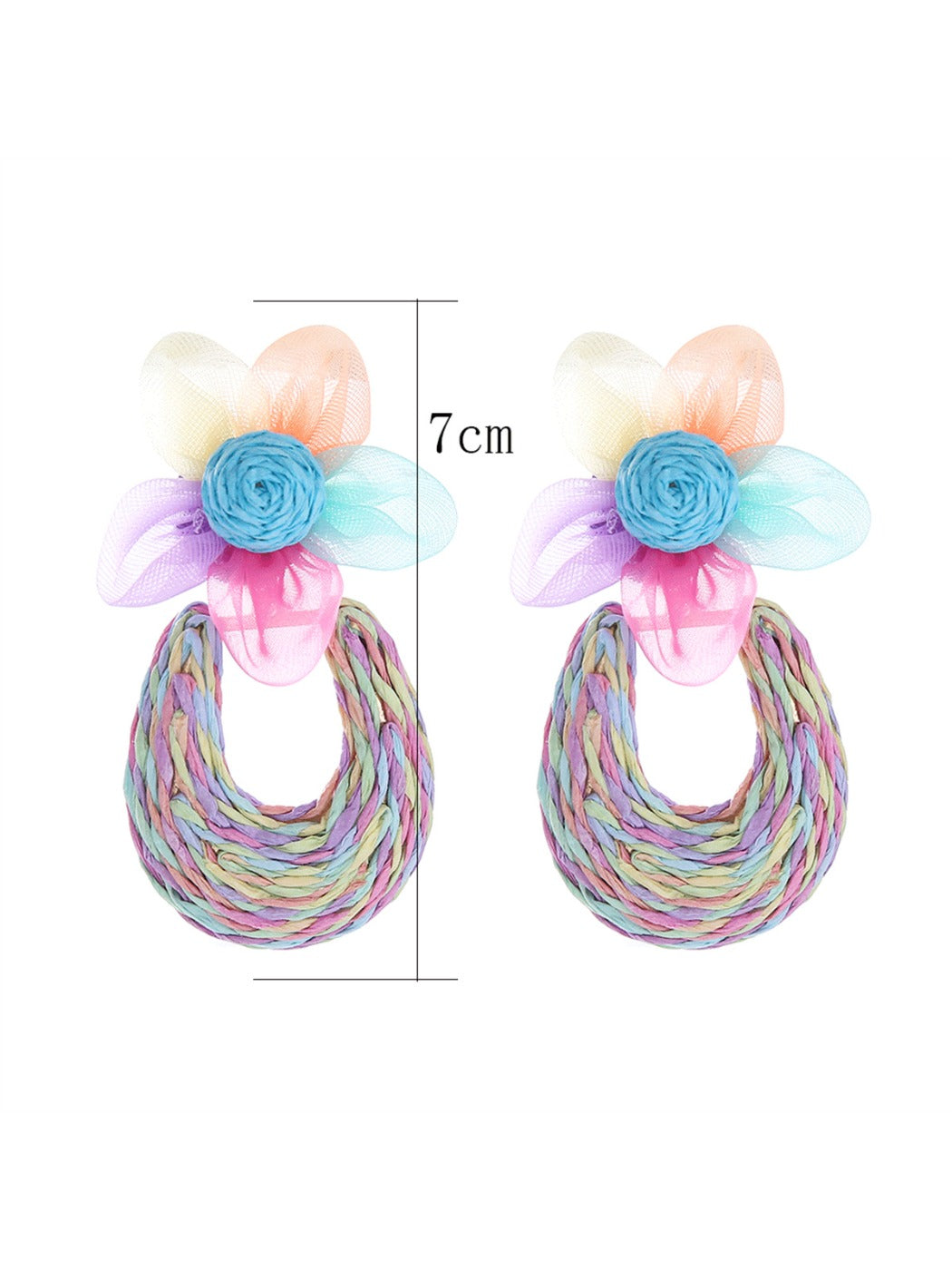 Pair of Sweet Raffia Flower Shaped Stud Earrings displayed on a wooden surface