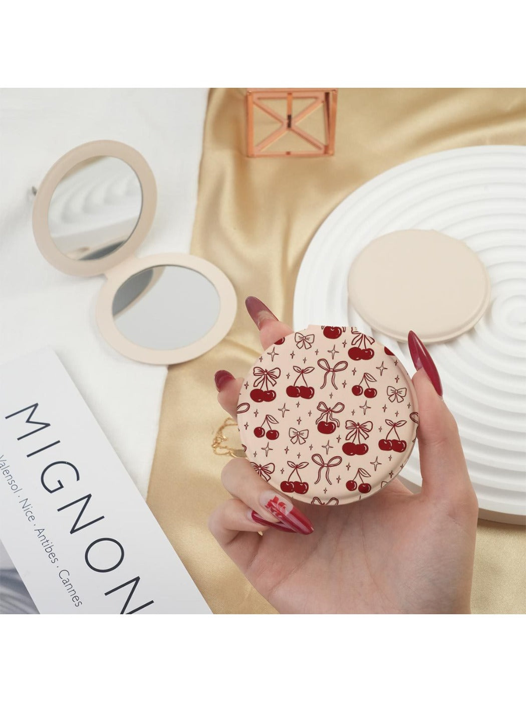 Mirroray - Bow and Cherry Pattern Compact Mirror