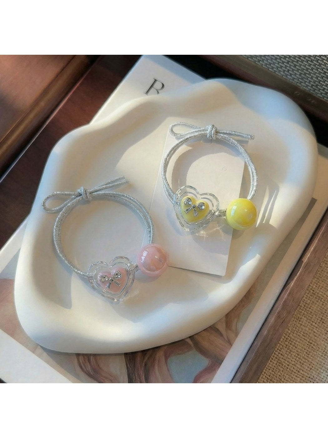 Gifty - Heart Bow Beaded Elastic Hair Tie
