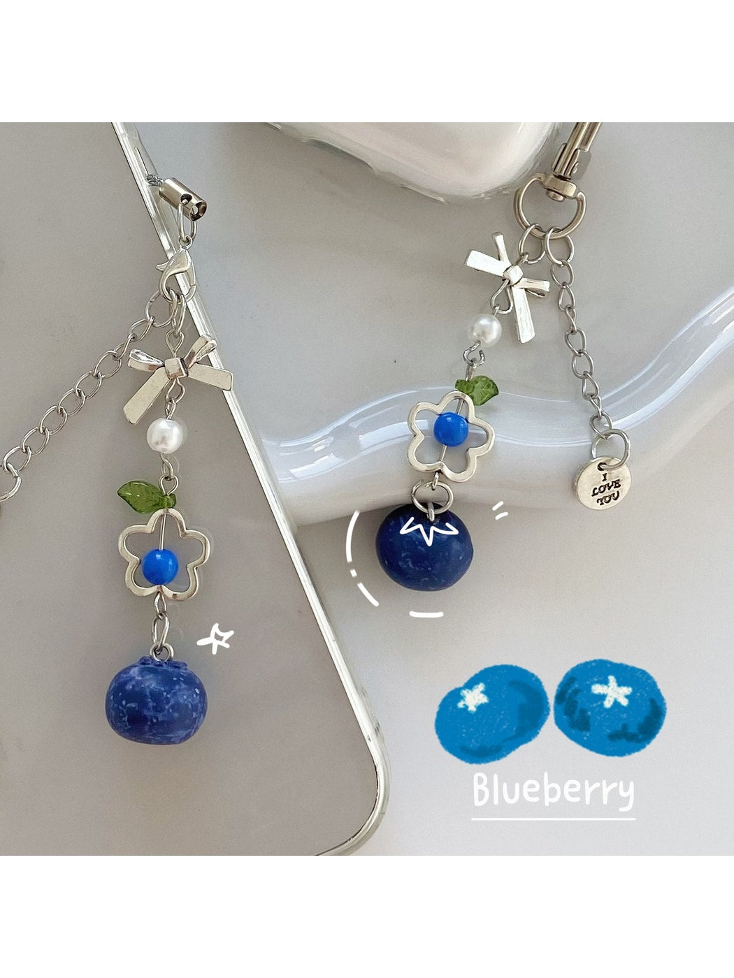 Keypus - Beaded Blueberry Flower Charm Alloy Keychain