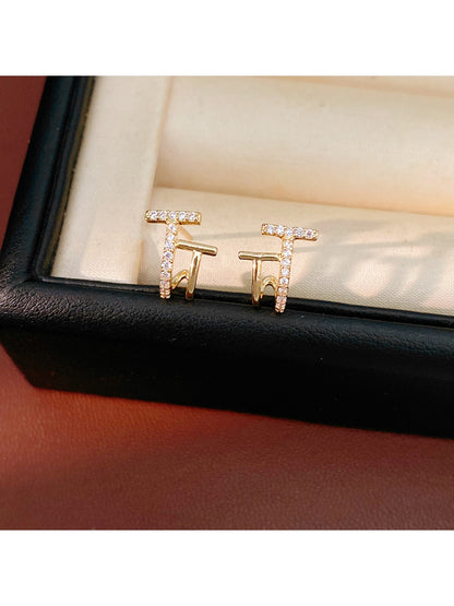 Earedge - Clean Line T Shape Alloy Fashion Stud Earrings