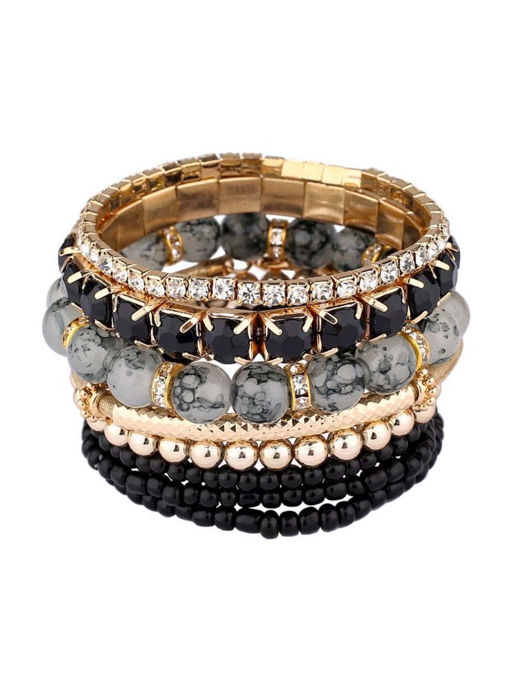 Detailed shot of beads and clasp on Lovra vintage layered beaded bracelet