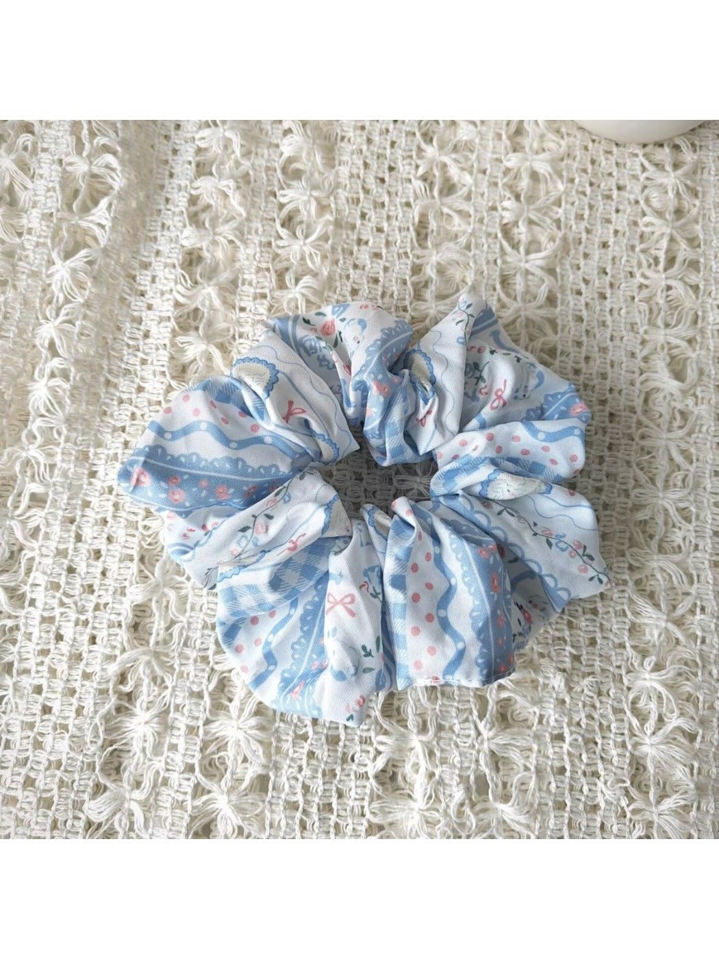 Gifty - Rabbit Print Lace Trim Square Scarf Scrunchie