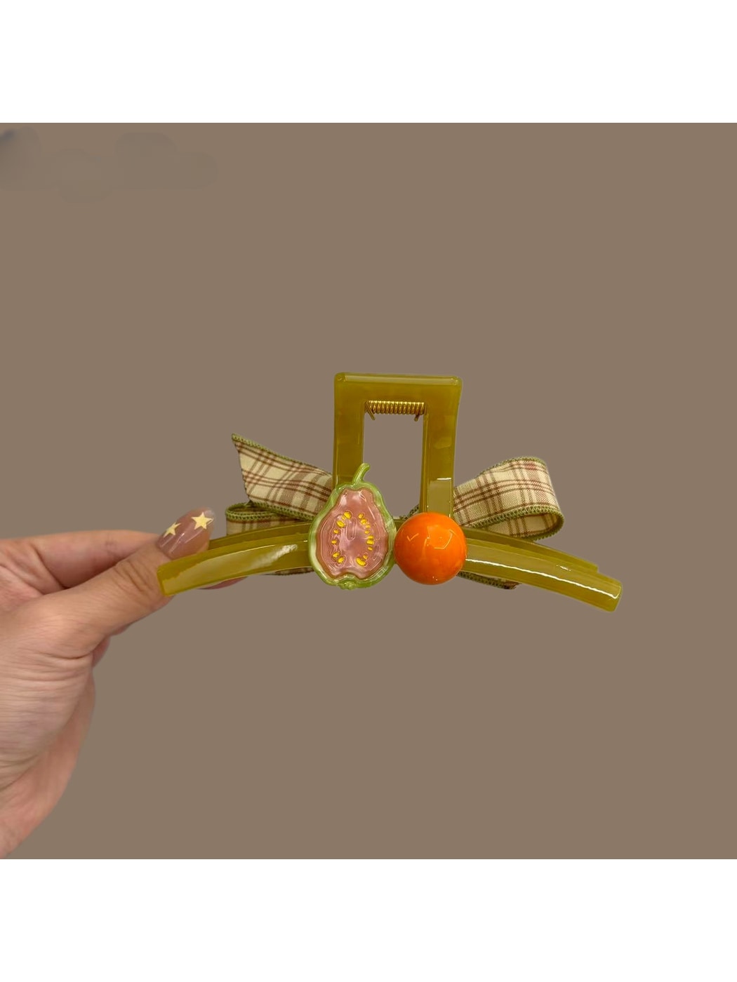 Beau - Fruit Detail Plaid Bow PC Claw Hair Clip