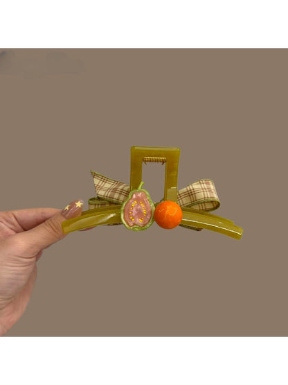 Beau - Fruit Detail Plaid Bow PC Claw Hair Clip