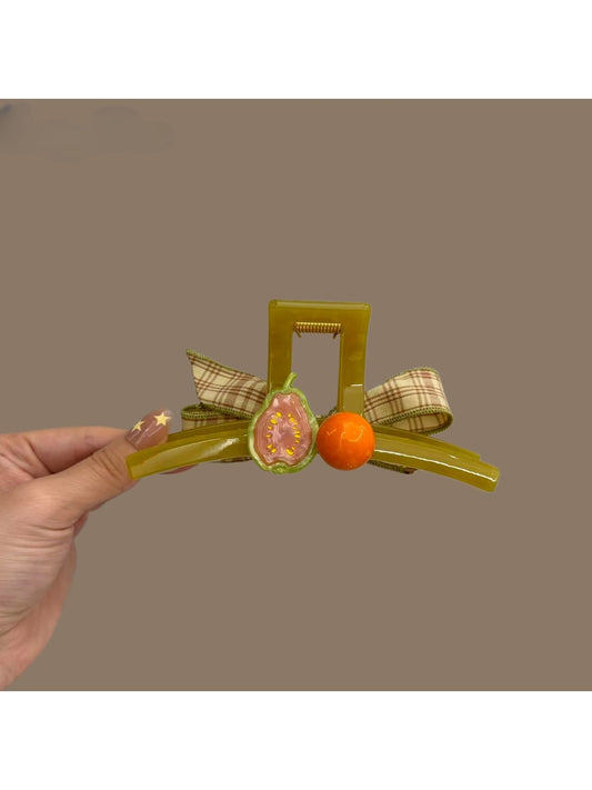 Beau - Fruit Detail Plaid Bow PC Claw Hair Clip