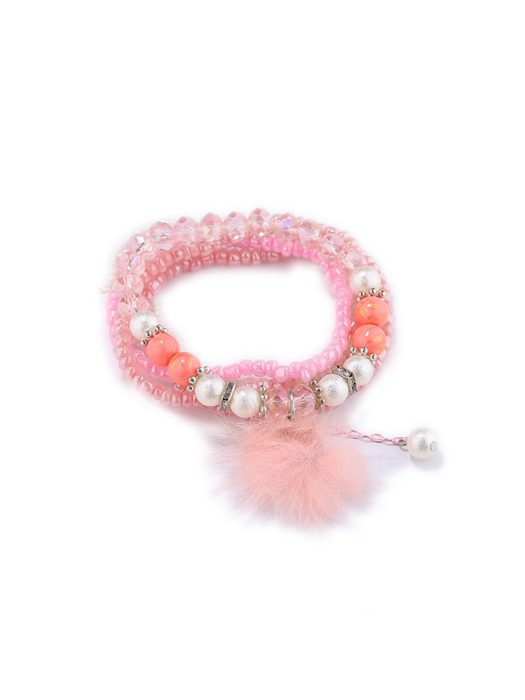 Lovra pompom pendant beaded bracelet coiled to show full design and colors