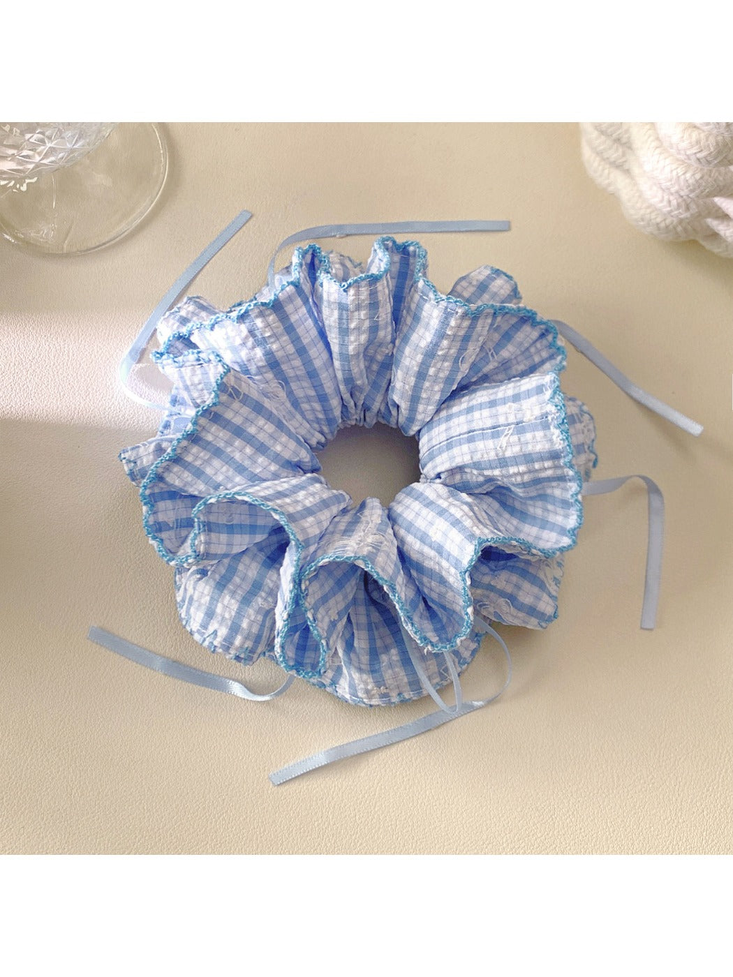 Blue plaid double layer hair scrunchie on a white background