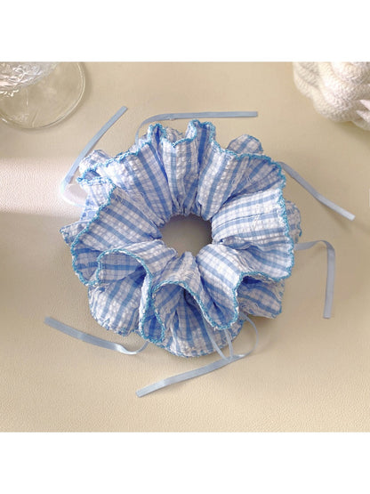 Blue plaid double layer hair scrunchie on a white background