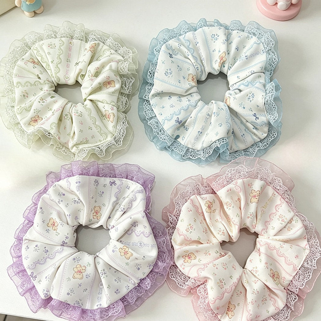 Gifty - Polyester Floral Ruffle Trim Scrunchie