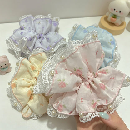 Gifty - Sweet Rose Print Lace Trim Scrunchie