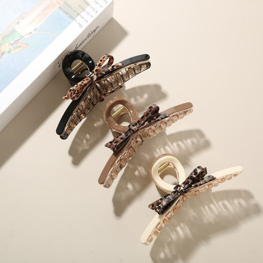 Beau - Leopard Print Bow Detail Acetate Claw Clip