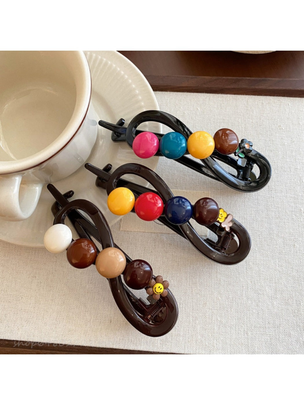 Beau colorful round bead bar hair clip with multicolored beads on gold bar