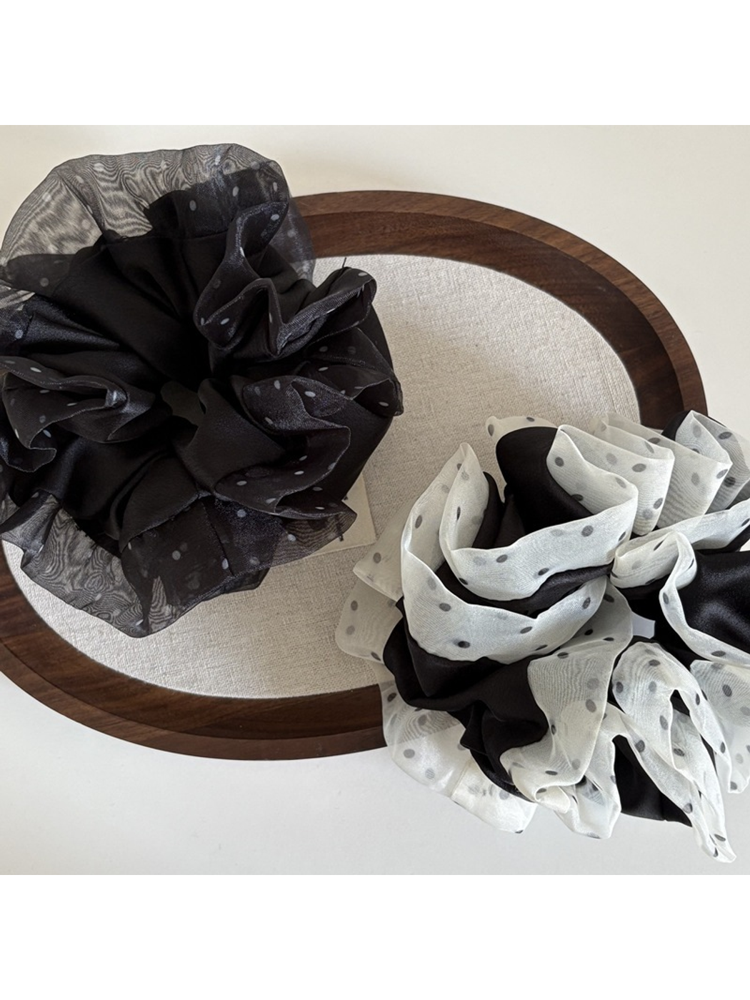 Gifty - Polka Dot Mesh Ruffle Trim Hair Scrunchie