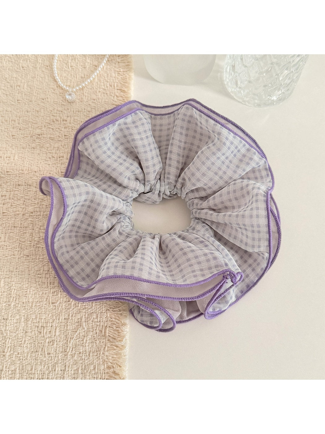 Gifty - Plaid Mesh Lace Trim Ruffled Hair Scrunchie
