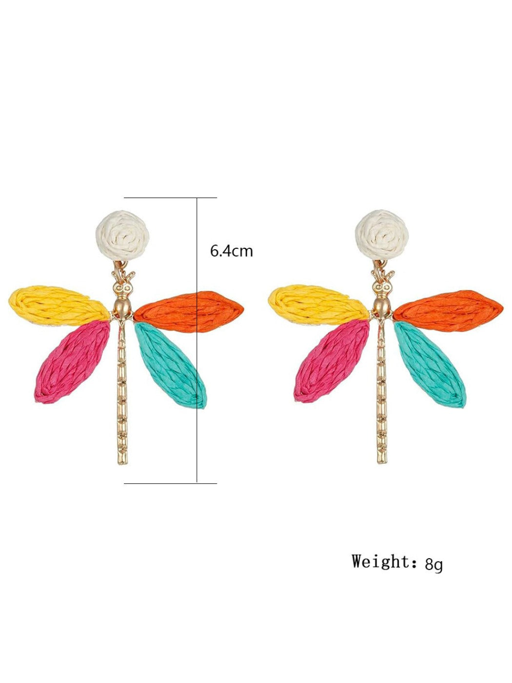 Pair of raffia dragonfly earrings displayed on a white background