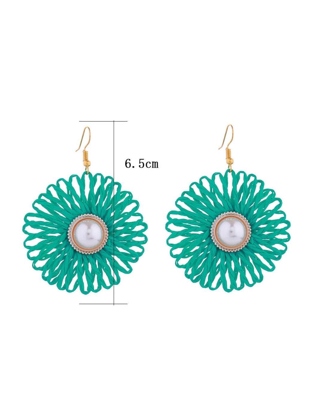 Pair of Earedge raffia woven flower-shaped earrings displayed on white background