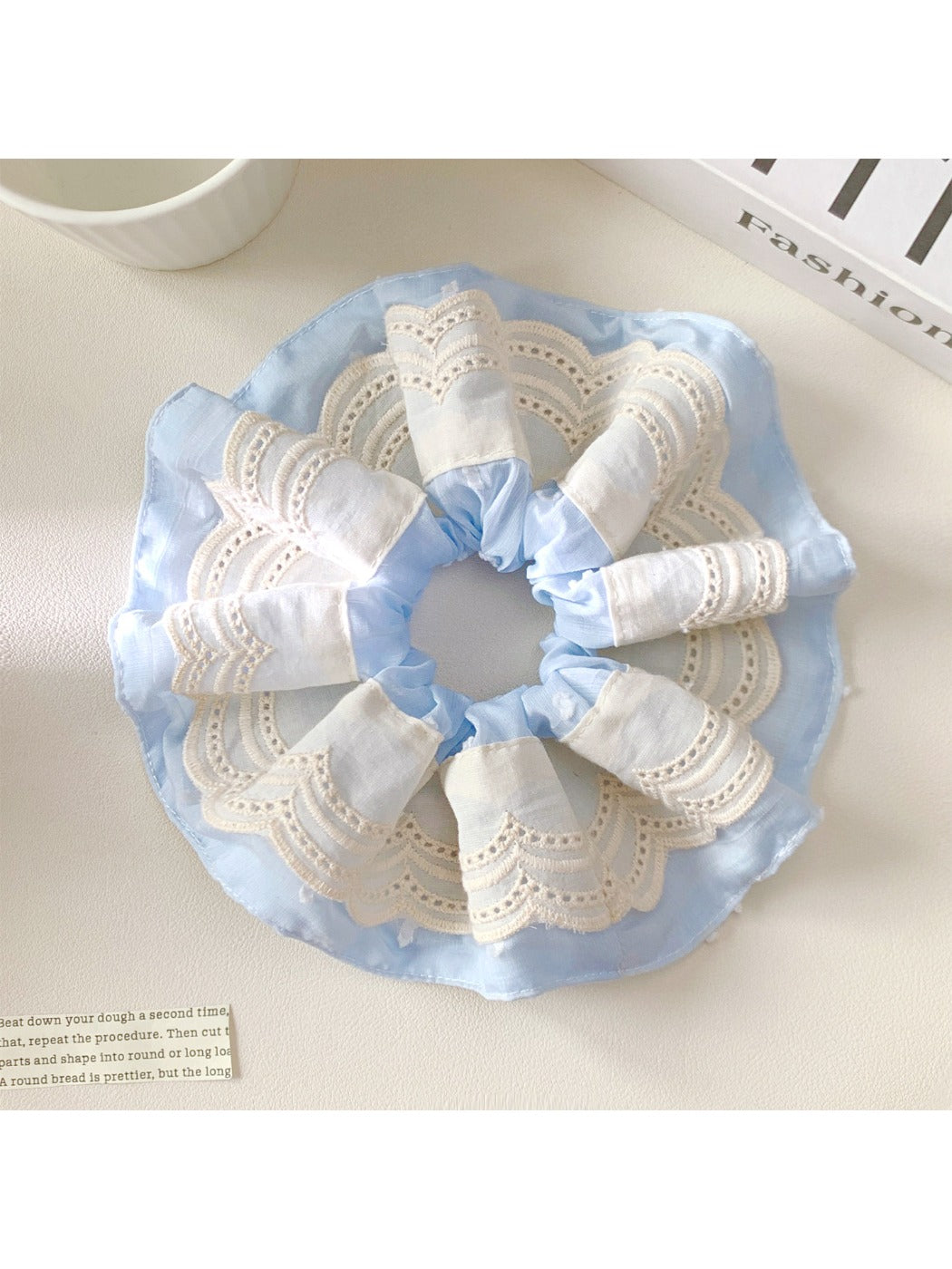 Close-up of Gifty color block scrunchie showing fabric texture and stitching details