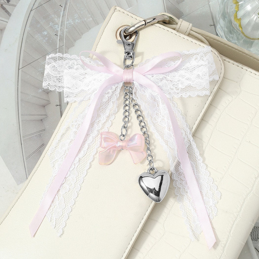 Keypus - Pink Lace Bow Heart Charm Keychain