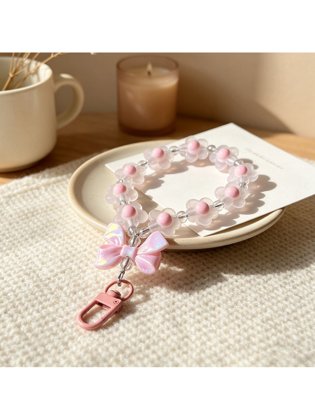 Keypus - Floral Beaded Bow Acrylic Bag Charm Keychain