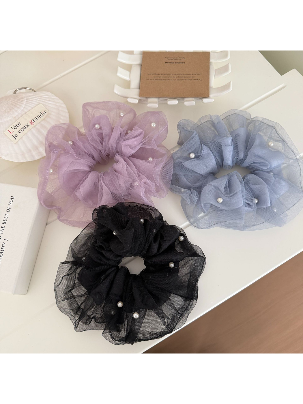 Gifty - Mesh Ruffle Beaded Detail Hair Scrunchie