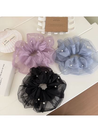 Gifty - Mesh Ruffle Beaded Detail Hair Scrunchie