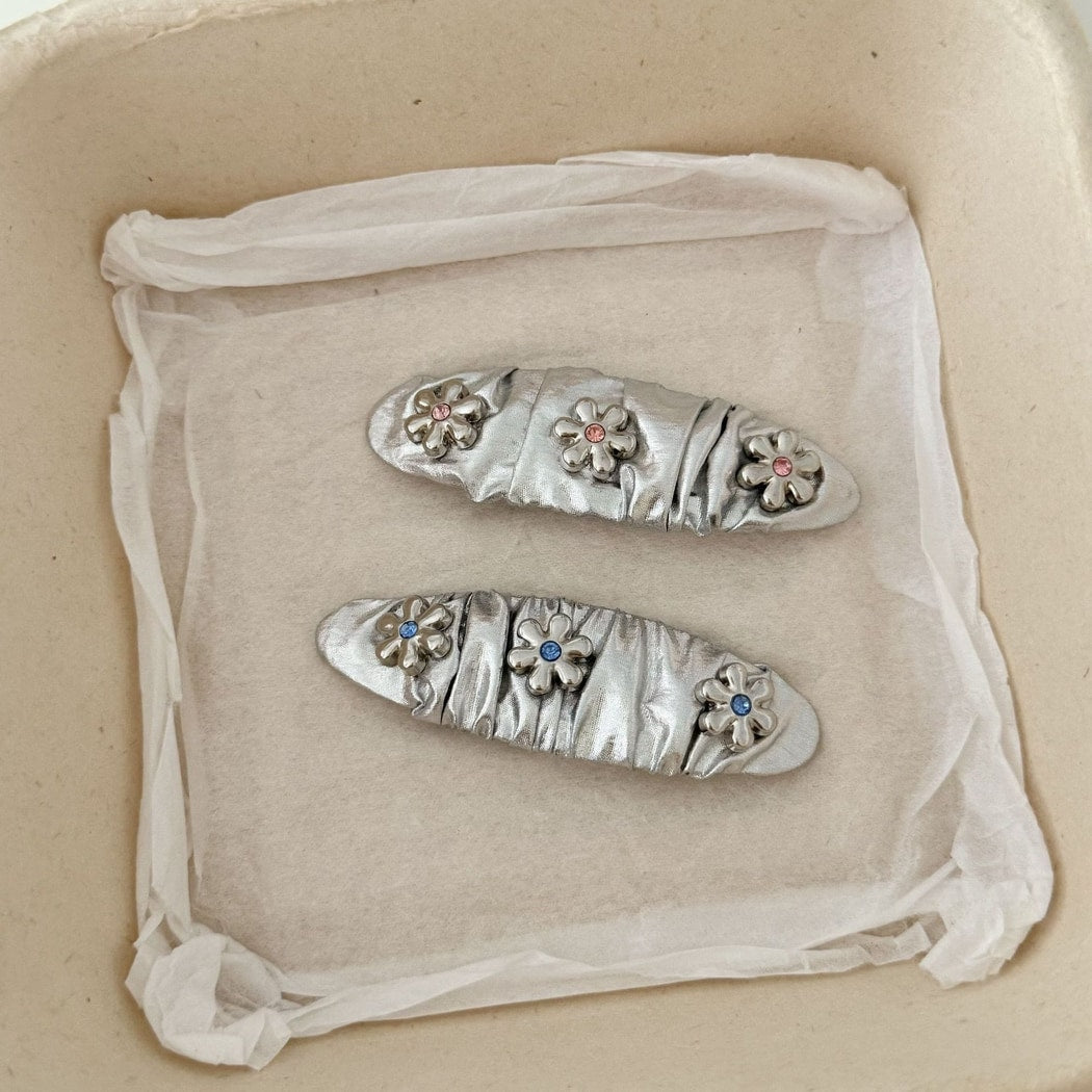 Beau - Sweet Floral Ruched Silver Finish Hair Clip
