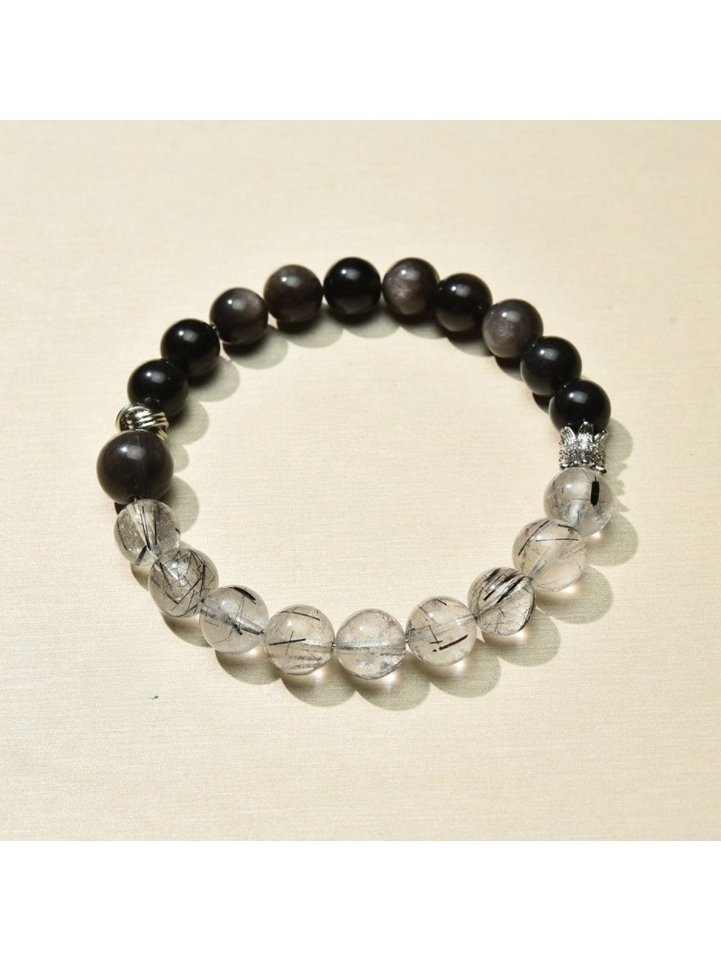 Top view of Lovra crystal beaded bracelet emphasizing the color block pattern