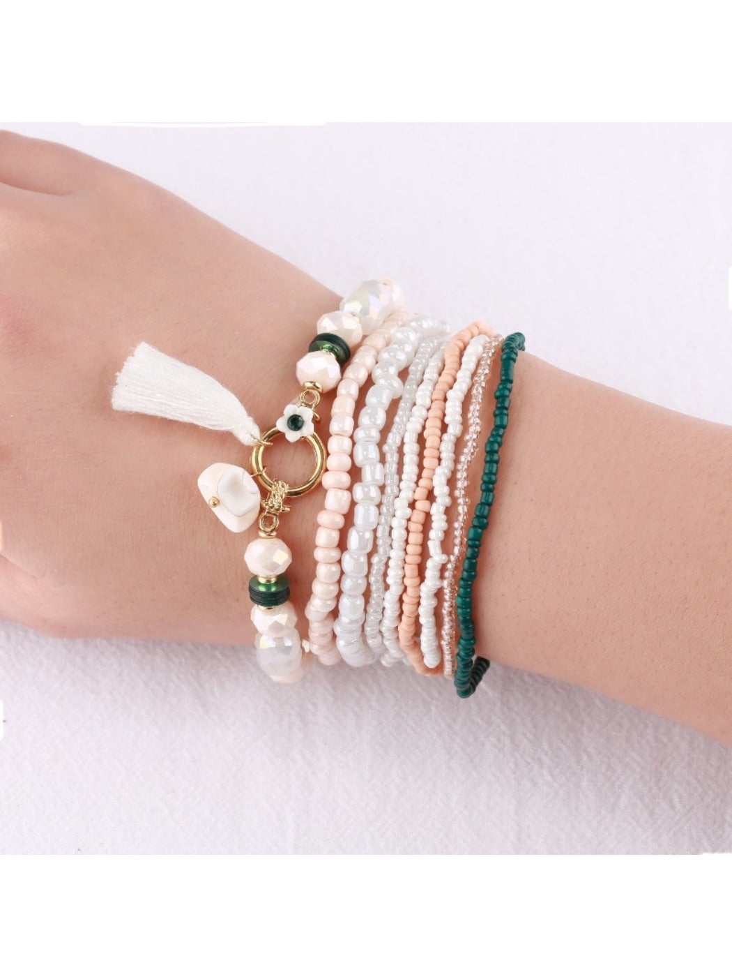 Lovra vintage tassel stackable beaded bracelet displayed on a white background showing bead details