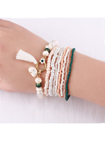 Lovra vintage tassel stackable beaded bracelet displayed on a white background showing bead details